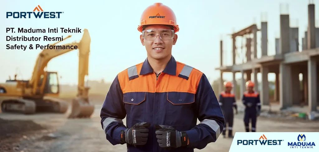 Pria pekerja konstruksi tersenyum mengenakan seragam kerja dan peralatan keselamatan dari Portwest, produk yang didistribusikan oleh MadumaSafety.com