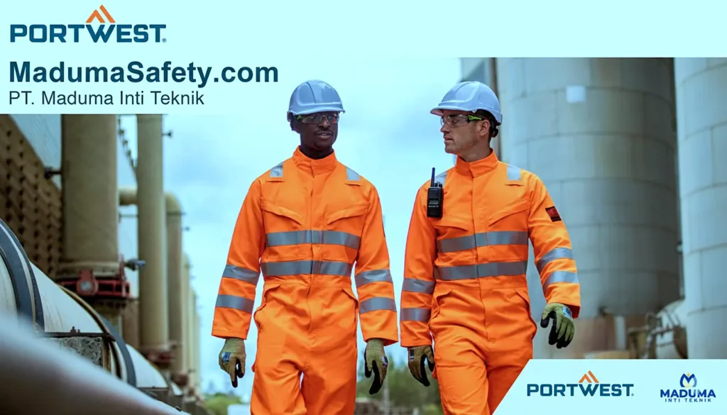 Dua pekerja industri profesional mengenakan coverall Portwest high-visibility oranye, helm putih, kacamata safety, dan sarung tangan, berjalan di area pabrik dengan pipa besar. Logo Portwest dan MadumaSafety.com PT. Maduma Inti Teknik terlihat jelas di banner
