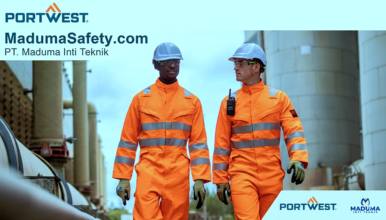 Dua pekerja industri profesional mengenakan coverall Portwest high-visibility oranye, helm putih, kacamata safety, dan sarung tangan, berjalan di area pabrik dengan pipa besar. Logo Portwest dan MadumaSafety.com PT. Maduma Inti Teknik terlihat jelas di banner