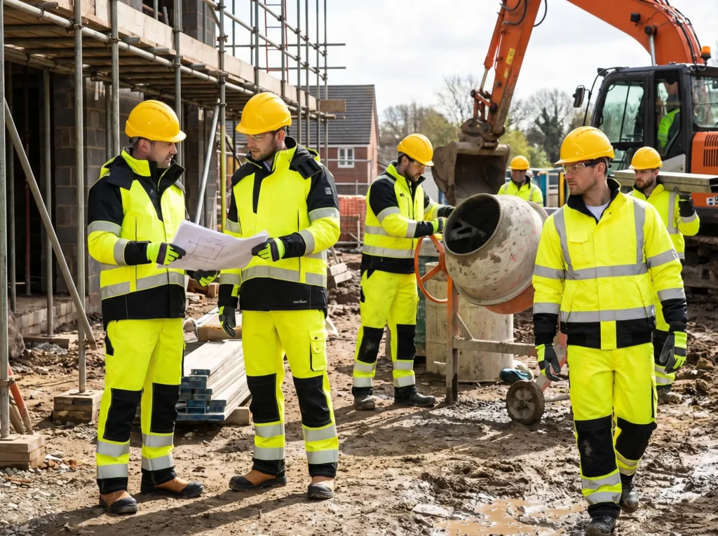Pekerja konstruksi menggunakan APD lengkap Portwest — helm, rompi hi-vis, sarung tangan, dan sepatu safety di lokasi proyek