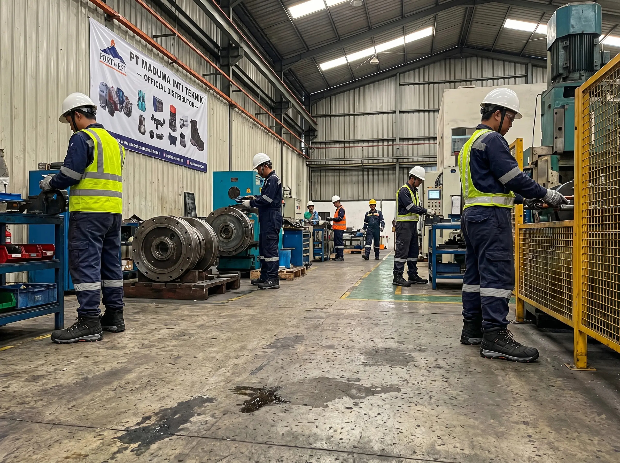 Pekerja industri mengenakan sepatu safety Portwest model boot S3 berwarna hitam di area pabrik dengan lantai beton — dari distributor resmi PT Maduma Inti Teknik