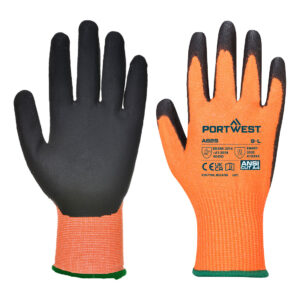 Portwest A625 sarung tangan cut resistant level D PU coating hi-vis warna oranye hitam tahan potong tahan abrasi