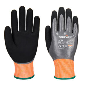 Portwest AP51 sarung tangan cut resistant level F nitrile aqua warna abu hitam tahan potong dan tahan minyak